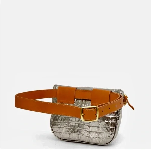 Clare V Metallic Silver Crossbody with Tan Accents - Picture 2 of 12